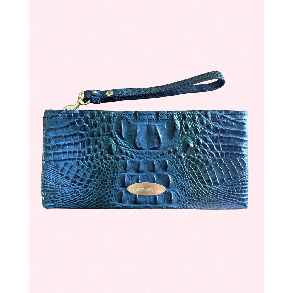 Brahmin Melbourne Peacock Blue Croc Embossed Leather Wristlet Clutch Wallet